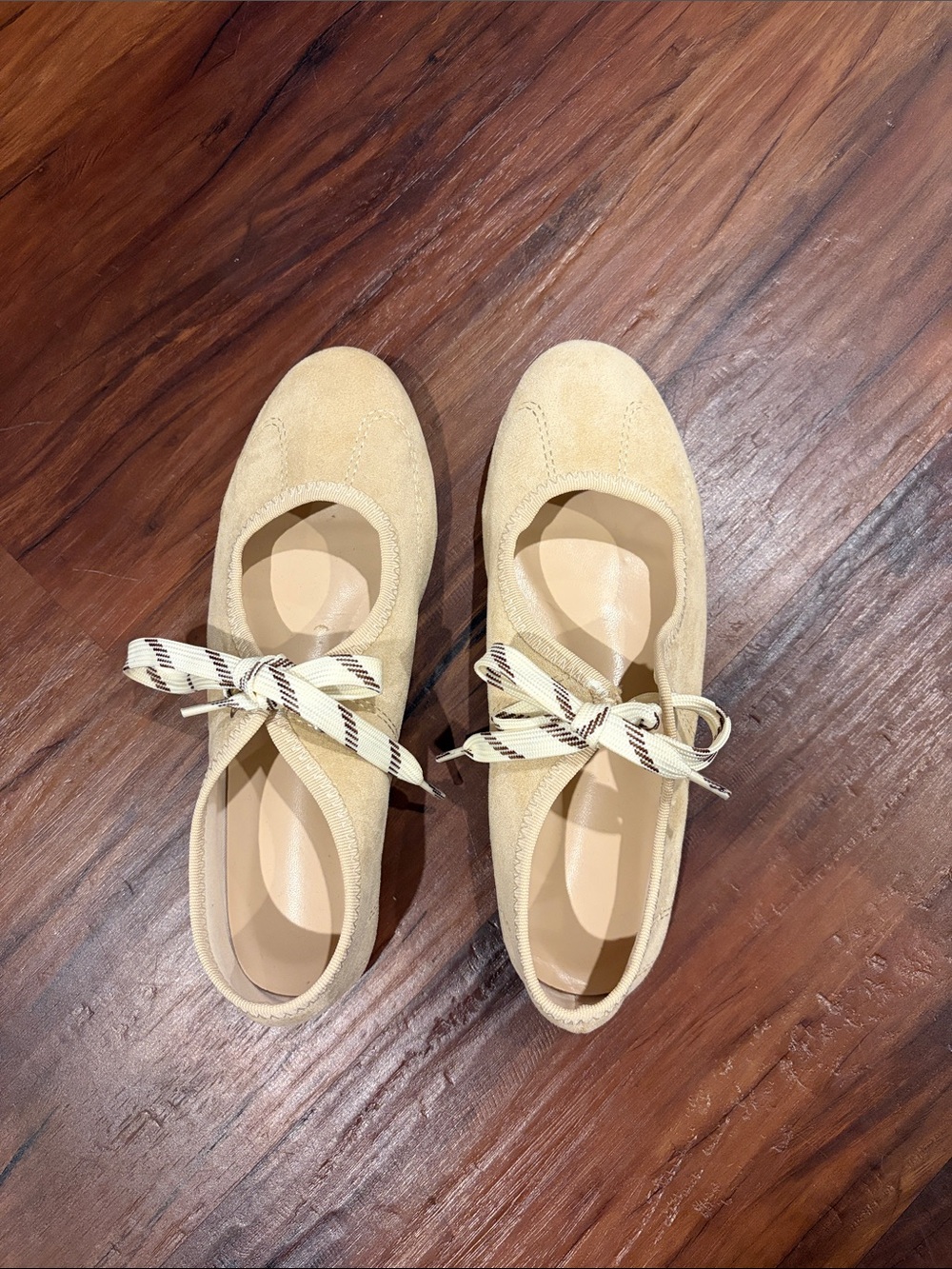 Amazon Cream Suede Lace-Up Flats with Striped Ribbon